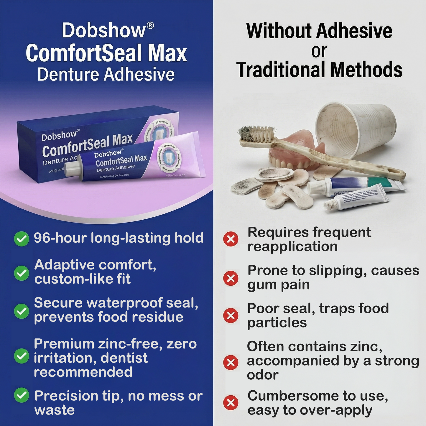 Dobshow® ComfortSeal Max Denture Adhesive—🦷96-hour long-lasting, heat adaptive technolog